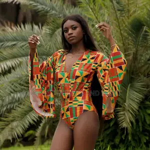 V-Neck Long Sleeve Kente Swimsuit