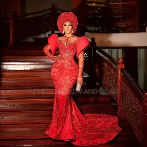 African Mermaid Beaded Lace Long Sleeves Gown