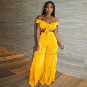 Two Piece Off Shoulder Crop Top Wide Leg Pants