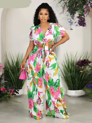 Floral Set Short Sleeve Tie Up Shirt and Wide Leg Loose Pants