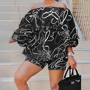 2 Piece Slash Neck Three Quarter Puff Sleeve Short