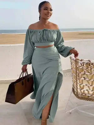 2 Piece Off Shoulder Long Sleeve Crop Top and Side Slit Maxi Skirt