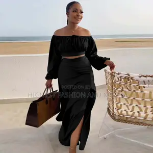 2 Piece Off Shoulder Long Sleeve Crop Top and Side Slit Maxi Skirt