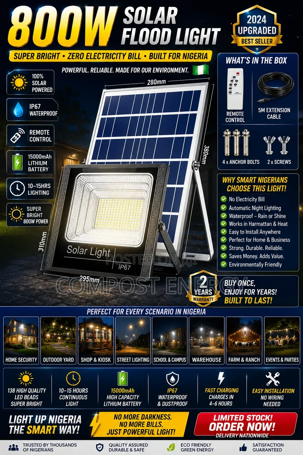 800w Solar Floodlight With External Panel