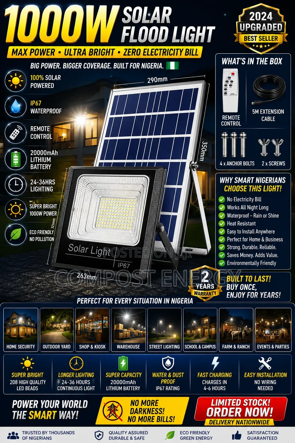 1000w Solar Flood Light With External Panel