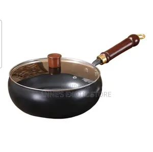 Carbon Steel Wok Pan With Glass Lid Wooden Handle