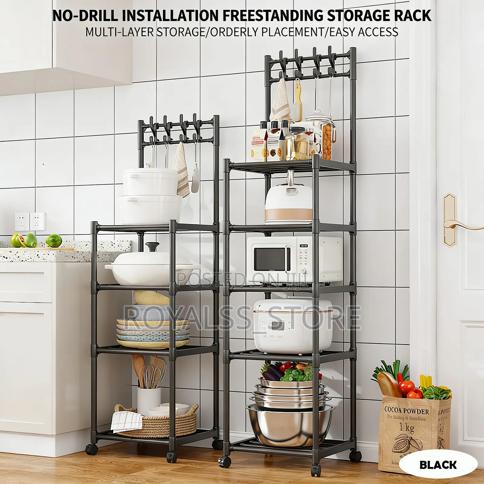 5 Layers Multi-Purpose Kitchen Storage With Hooks Rotating Wheels