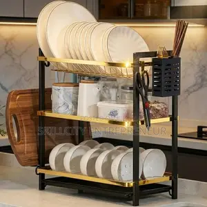 3-Tier Aluminum Dish Rack With a Gold-Colored Frame