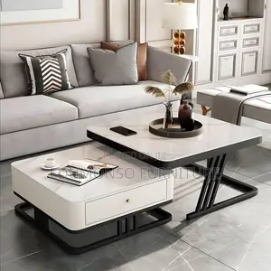 Modern 2-Tier Marble Top Coffee Table Set With Drawer