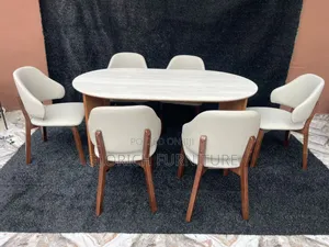 Oval Marble-Top Dining Set – 6-Seater With Walnut Wood Base Cream