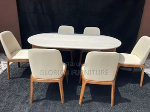Oval Marble-Top Dining Set – 6-Seater With Walnut Wood Frame Cream