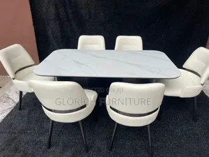 Rectangular Marble-Top Dining Set – 6-Seater With Black Base