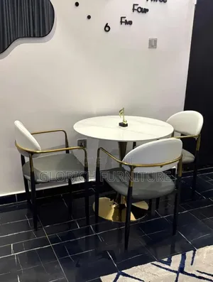 Round White Stone Dining Set – 3-Seater With Gold Inverted Cone Base