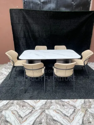 Rectangular Marble-Top Dining Set–6-Seater With Black Base Sand Beige