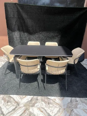Black Stone Dining Set – 6-Seater With Beige Leatherette Chairs
