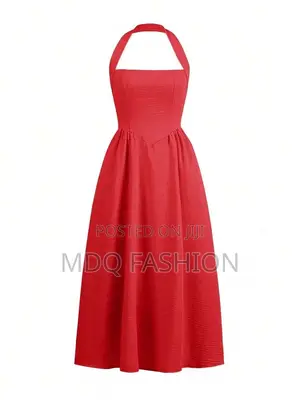 Gorgeous Red Halter Neck Midi Dress – Elegant a-Line Flare Dress