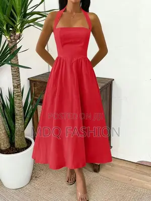 Gorgeous Red Halter Neck Midi Dress – Elegant a-Line Flare Dress