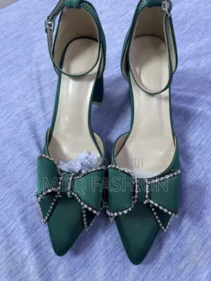 Emerald Green Rhinestone Bow Block Heels