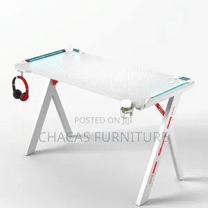 White Gaming Table With Built-in Lights, Headphone Hook Cup Holder