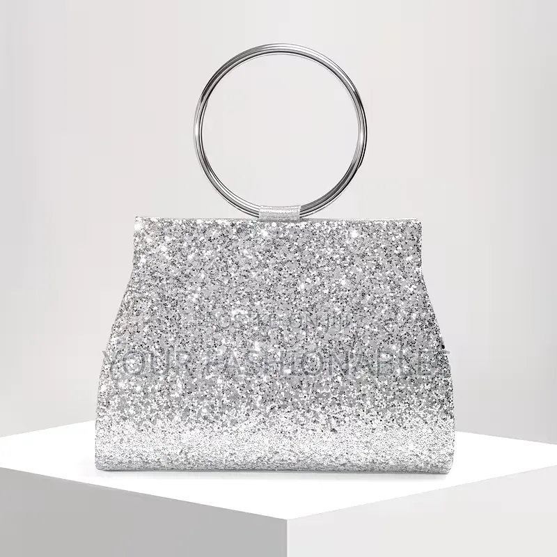 Glitter Silver Ball Handle Clutch Purse