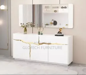 White Gold Sideboard Cabinet With Wall Mirror Display Shelves