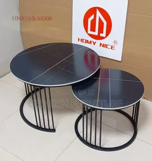 Homy Nice Round Nesting Coffee Table Set –Dark Stone Top Black Frame