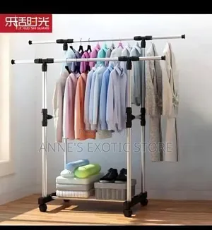 Adjustable Double Pole Clothes Rack With Wheels Extendable Arms