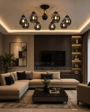 8-Globe Black and Gold Chandelier With Smoky Shades