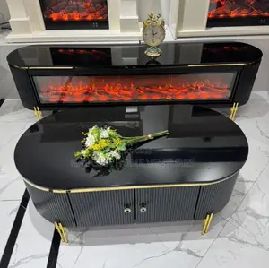Black Gloss Oval Tv Stand Fireplace Console Set With Gold Accents