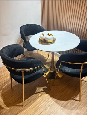 Round Marble-Top Diningcoffee Table Black Velvet Chairs Gold Legseater