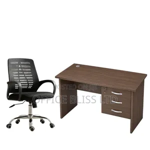 A Set of Brown Simple Office Table Mid Back Fabric Office Chair
