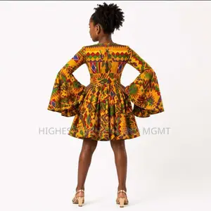 Girls Kente Print Bell Sleeve Flare Dress