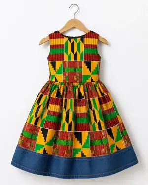 Girls African Print Dress With Denim Hem