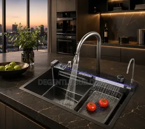 Luxury Steel Smart Kitchen Sink With Pull-Out Faucet Waterfall Tap