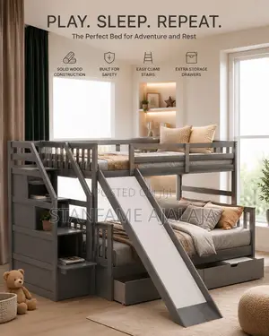 Twin Over Full Bunk With Slide, Shelve and 2 Drawers
