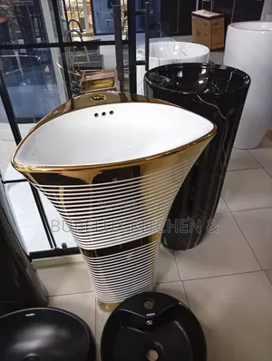 Revita Luxury Gold White Striped Pedestal Washbasin | 3-Hole Tap