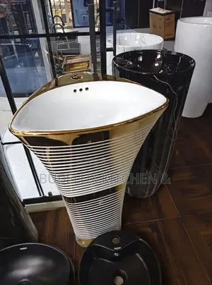 Revita Designer Gold White Striped One-Piece Pedestal Washbasin