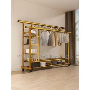 Gold-Colored Multipurpose Double Clothes Rack Featuring Hanging Rails,