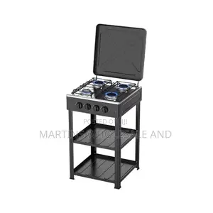 Black 4-Burner Standing Gas Cooker Features a Hinged Metal Lid and In