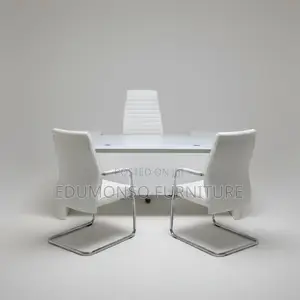 1.6 Meter White Glass Office Desk + Leather Chairs - 909a