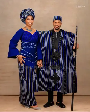Elegant Blue Beaded Corset Asooke and Matching Gele