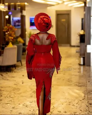 Luxury Beaded Crimson Aso-Oke Traditional Bridal Gown With Gele