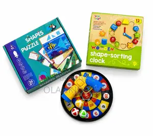 Educational Toy Bundle Shapes Puzzle, Wooden Shape Sorting Clock