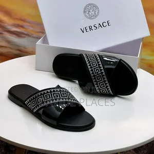 Original Quality Versace Greca Crystal Cross Leather Slide Black