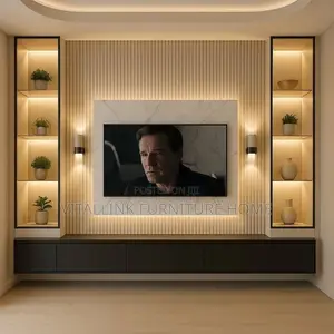 Luxury Fluted Wall Tv Console With Marble Panel Led Shelves