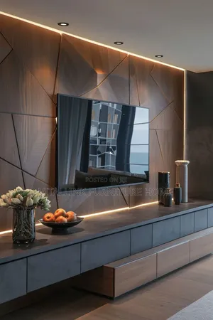 Modern Luxury 3d Geometric Wood Wall Tv Console , Grey Cabinets Leds