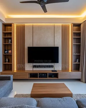 Premium Wood Tv Console With Stone Backing, Shelves Floating Base