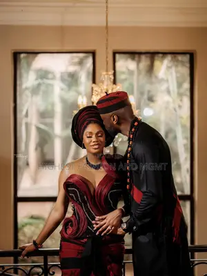 Elite Deep Maroon Encrusted Illusion Sweetheart Aso Oke Wrapper Gown