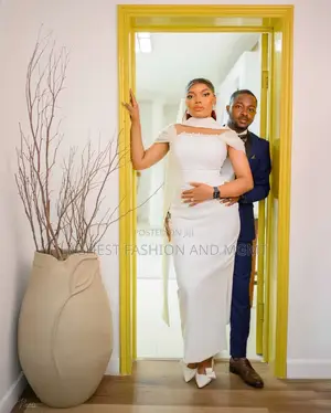 Premium Ruched White Civil Wedding Gown With Pearl Neckline Cape