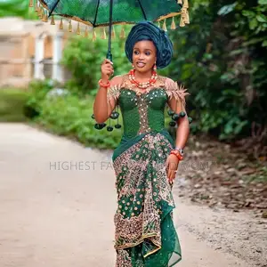 Premium Emerald Green Fully Beaded Corset Gown With Gold Leaf Accents
